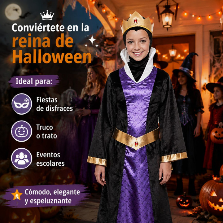 Girls Dark Fairy Tale Queen Costume with Velvet Dress, Crown and Belt 