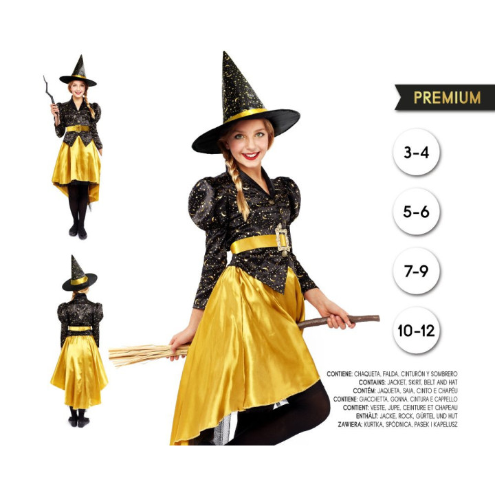 Mädchen Sternenmond Hexenkostüm mit Schwarz-Gold Jacke, Rock, Gürtel u