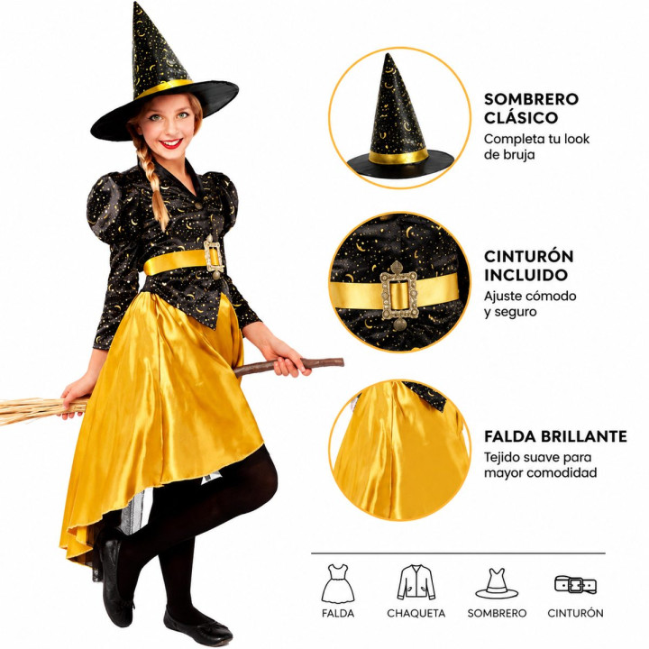 Mädchen Sternenmond Hexenkostüm mit Schwarz-Gold Jacke, Rock, Gürtel u