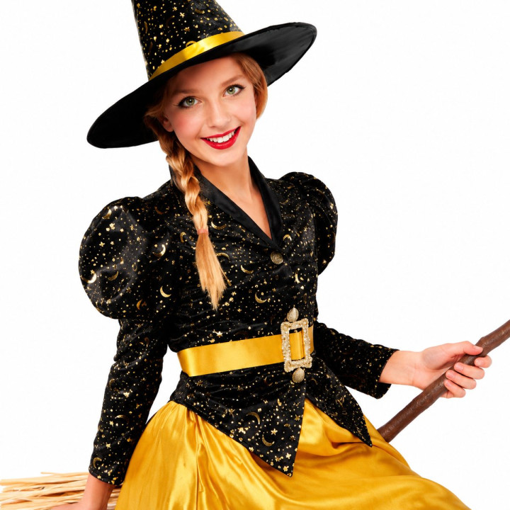Mädchen Sternenmond Hexenkostüm mit Schwarz-Gold Jacke, Rock, Gürtel u