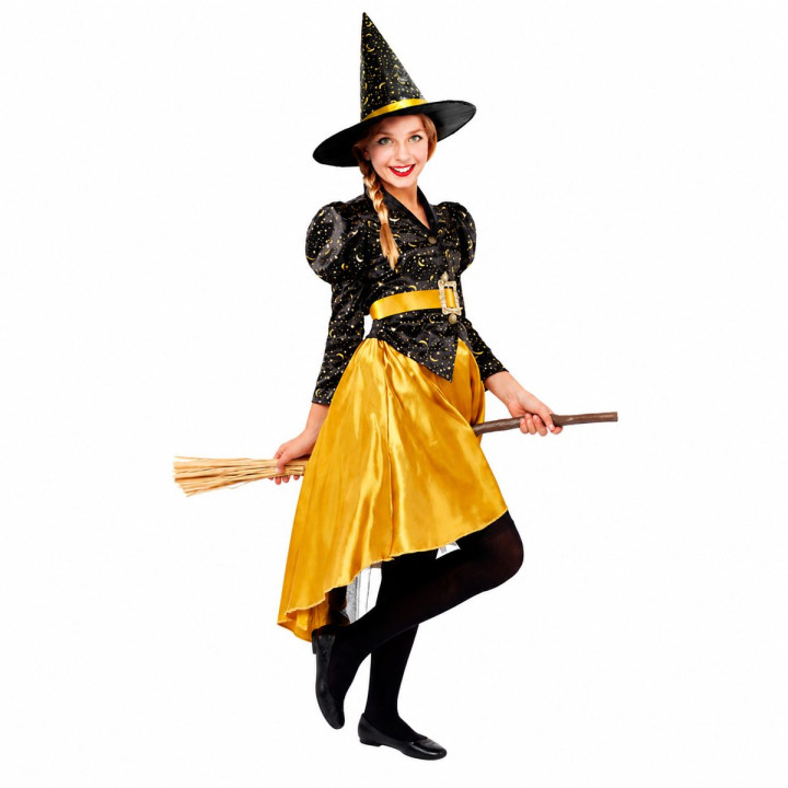 Mädchen Sternenmond Hexenkostüm mit Schwarz-Gold Jacke, Rock, Gürtel u