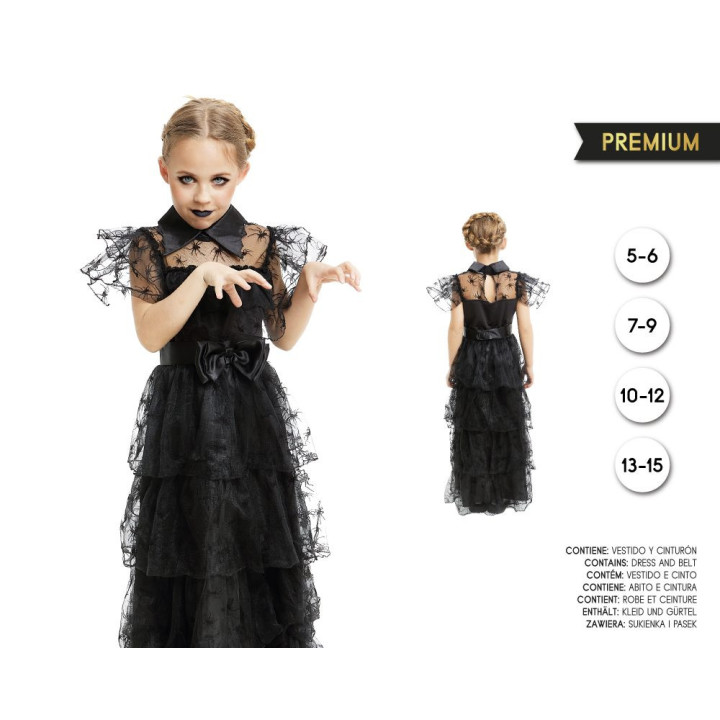 Girls Gothic Spider Web Dress with Sheer Spider Sleeves, Tiered Tulle 