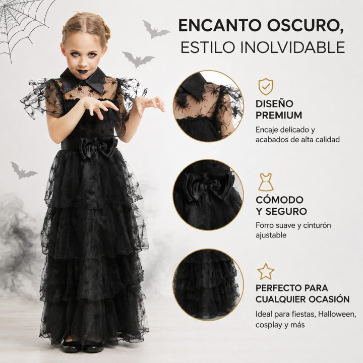 Girls Gothic Spider Web Dress with Sheer Spider Sleeves, Tiered Tulle 