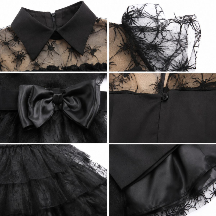 Girls Gothic Spider Web Dress with Sheer Spider Sleeves, Tiered Tulle 
