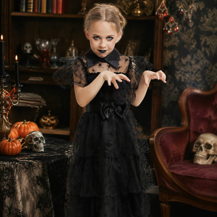 Girls Gothic Spider Web Dress with Sheer Spider Sleeves, Tiered Tulle 