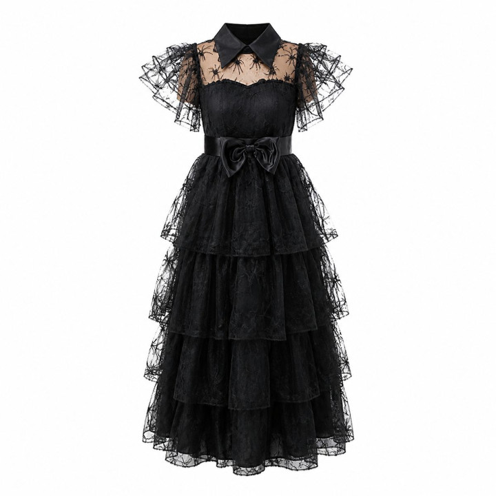 Girls Gothic Spider Web Dress with Sheer Spider Sleeves, Tiered Tulle 
