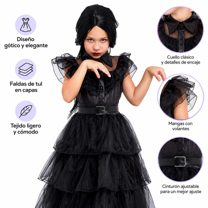 Girls Gothic Tulle Princess Dress with Leather-Look Bodice, Sheer Ruff