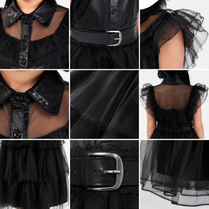 Girls Gothic Tulle Princess Dress with Leather-Look Bodice, Sheer Ruff