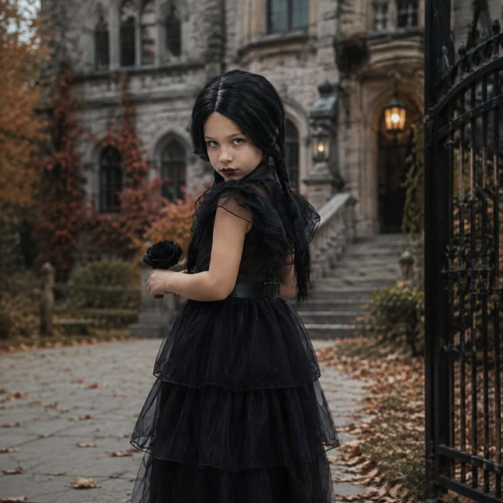 Girls Gothic Tulle Princess Dress with Leather-Look Bodice, Sheer Ruff