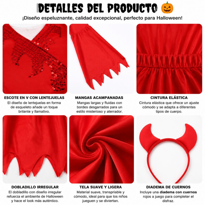 Disfraz de Diabla Roja para Niña con Mangas Acampanadas, Detalles de L