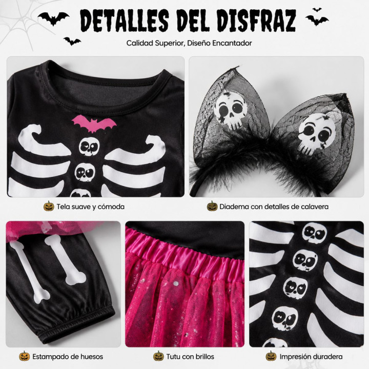 Disfraz de Esqueleto para Niña Pequeña con Tutú, Diadema y Bolsa de Du