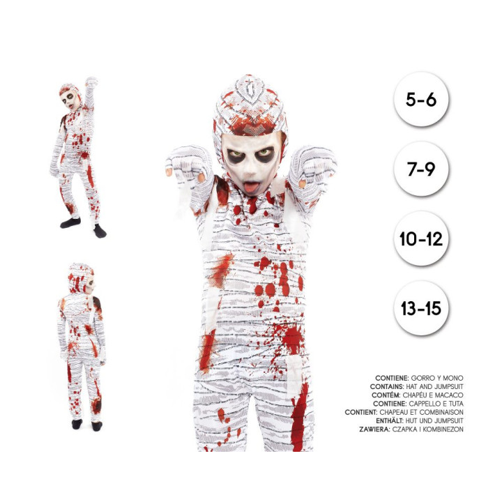 Kids Bloody Mummy Costume with White Bandage Jumpsuit, Blood Splatter 