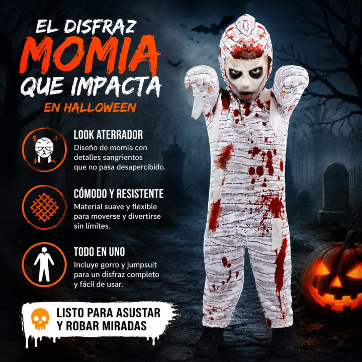Kids Bloody Mummy Costume with White Bandage Jumpsuit, Blood Splatter 