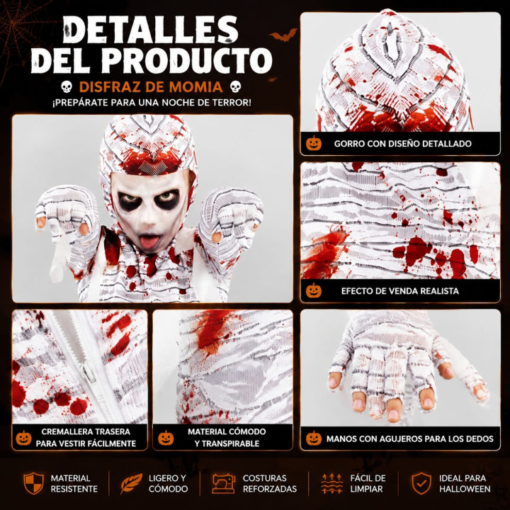 Kids Bloody Mummy Costume with White Bandage Jumpsuit, Blood Splatter 