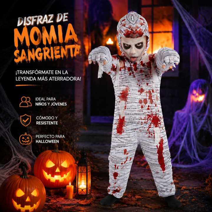 Kids Bloody Mummy Costume with White Bandage Jumpsuit, Blood Splatter 