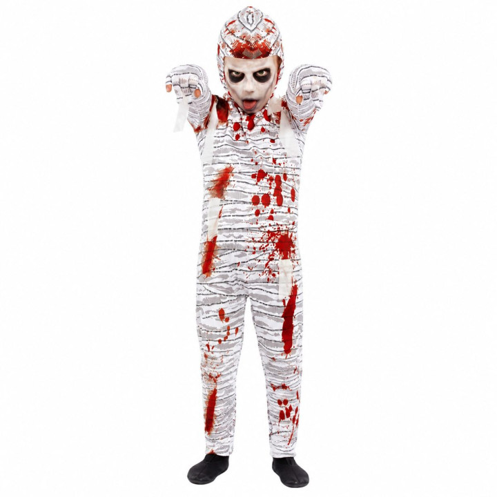 Kids Bloody Mummy Costume with White Bandage Jumpsuit, Blood Splatter 