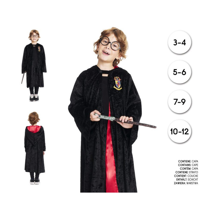 Kids Magic Academy Wizard Robe Black Velvet Hooded Cape with House Cre