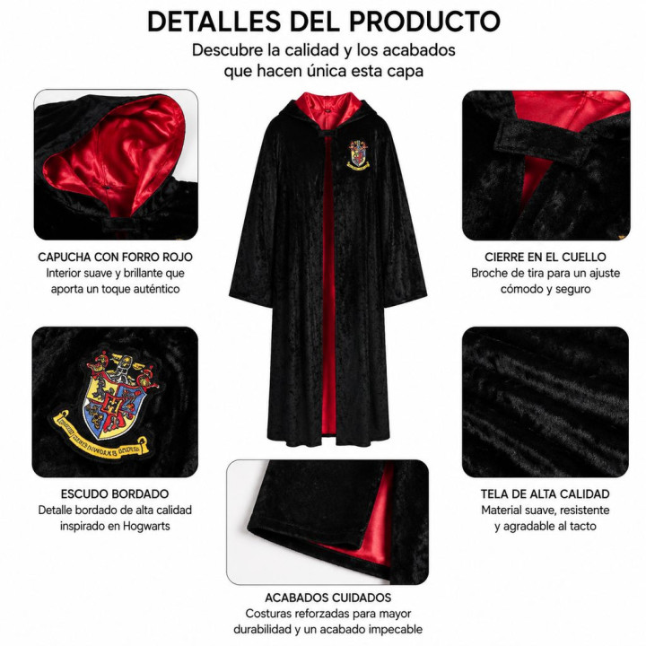 Kids Magic Academy Wizard Robe Black Velvet Hooded Cape with House Cre