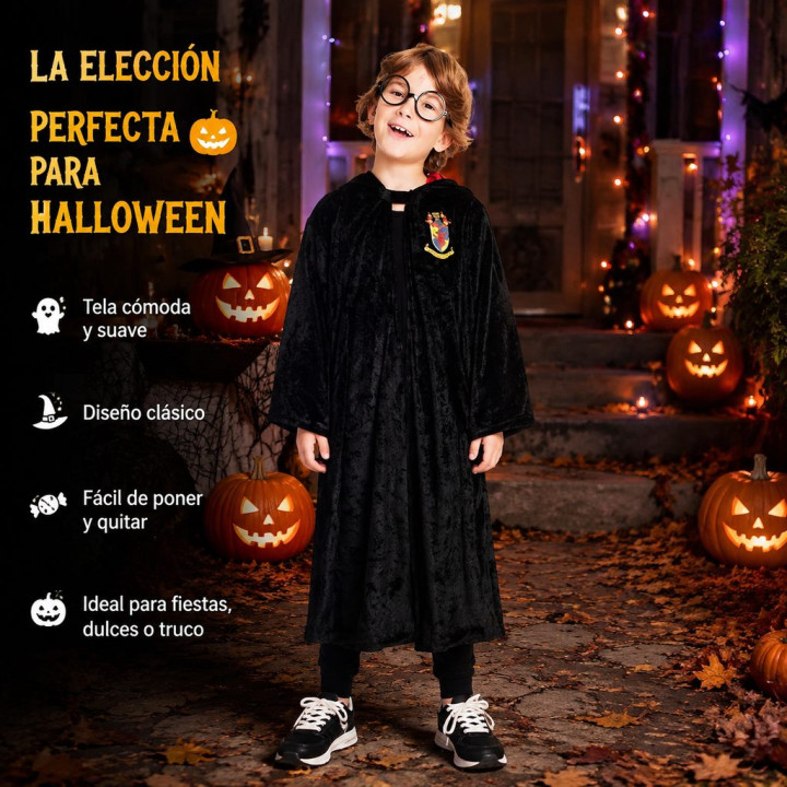 Kids Magic Academy Wizard Robe Black Velvet Hooded Cape with House Cre