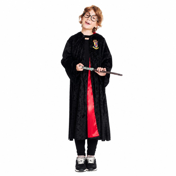 Kids Magic Academy Wizard Robe Black Velvet Hooded Cape with House Cre