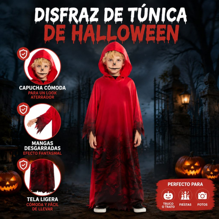 Boys Red Devil Costume Hooded Demon Robe Kids Halloween Outfit