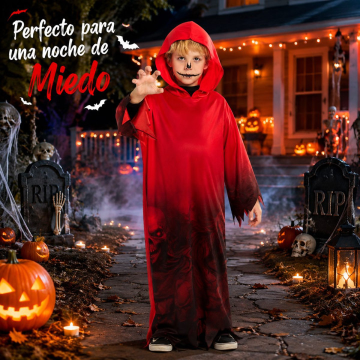 Boys Red Devil Costume Hooded Demon Robe Kids Halloween Outfit