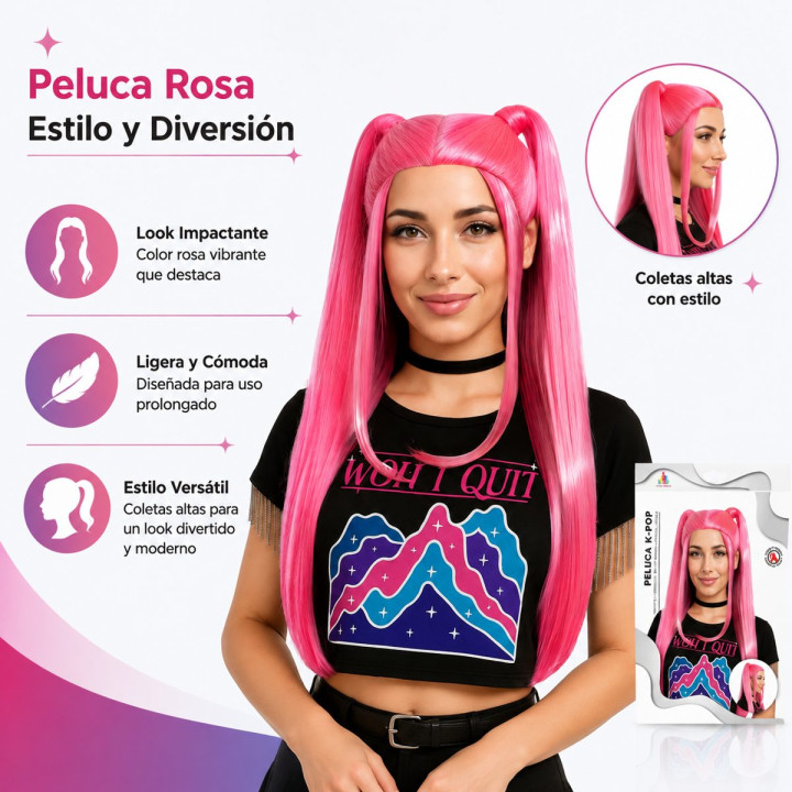 Peluca Kpop Coletas Rosas – Complemento Unisex | Cospty
