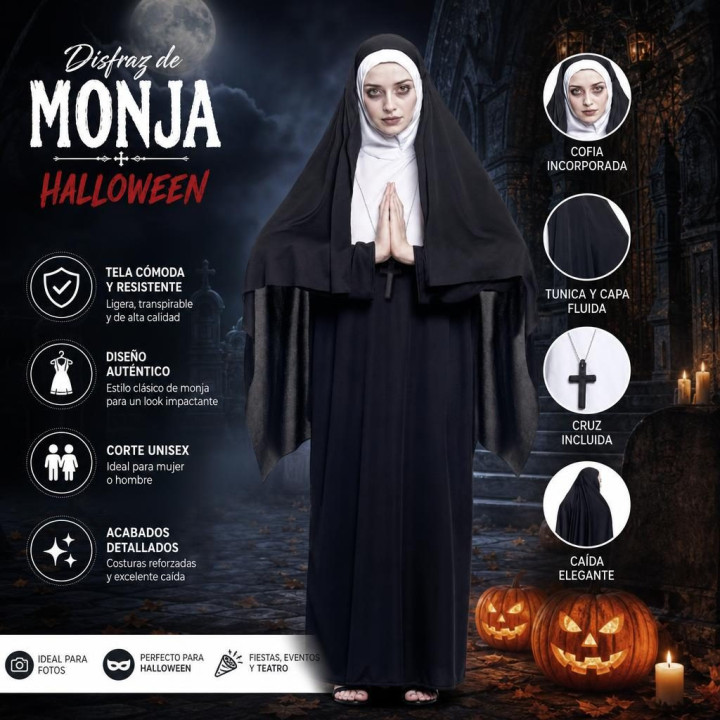 Erwachsenen Gruselige Nonne Halloween Kostüm Set - Schwarz-Weißer Habi
