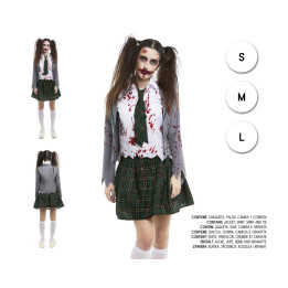 Disfraz de Colegiala Zombie Mujer Camisa Blanca Sangrienta Falda Cuadr