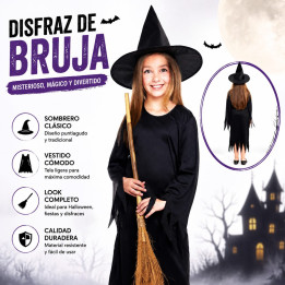 Girls Classic Black Witch Halloween Costume - Long Sleeve Dress with P