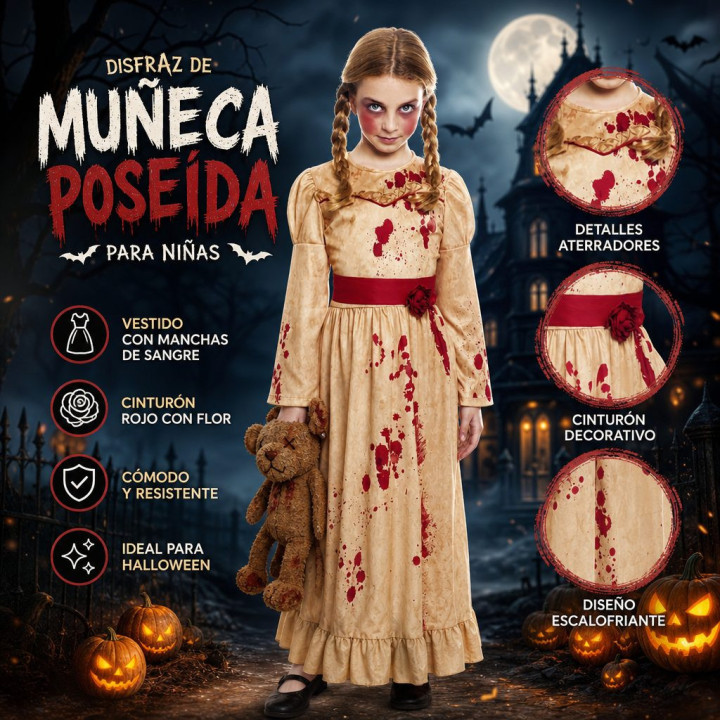 Mädchen Gruselige Puppe Halloween Kostüm Set - Vintage Beiges Kleid mi