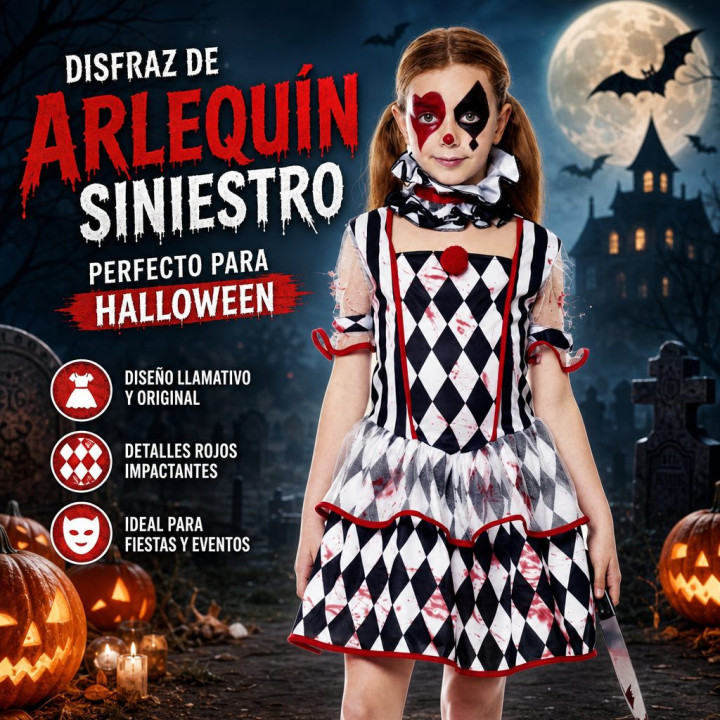 Disfraz Payaso Arlequín Aterrador Niña Halloween - Vestido Diamante Bl