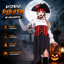 Disfraz Pirata Niña Halloween - Vestido Negro Blanco Rojo con Sombrero