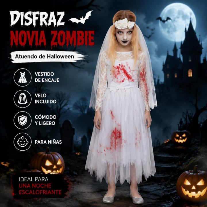 Disfraz Novia Muerta Niña Halloween - Vestido de Novia Encaje Blanco c