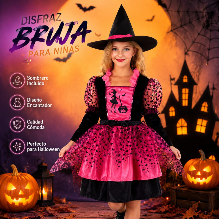 Girls Pink Witch Costume with Black Velvet Bodice, Printed Skirt, Shee