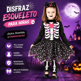 Toddler Girls Cute Skeleton Costume with Heart Ribcage, Skull Print Sk