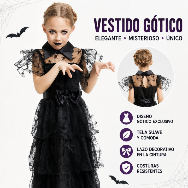 Girls Gothic Spider Web Dress with Sheer Spider Sleeves, Tiered Tulle 