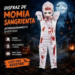 Kids Bloody Mummy Costume with White Bandage Jumpsuit, Blood Splatter 