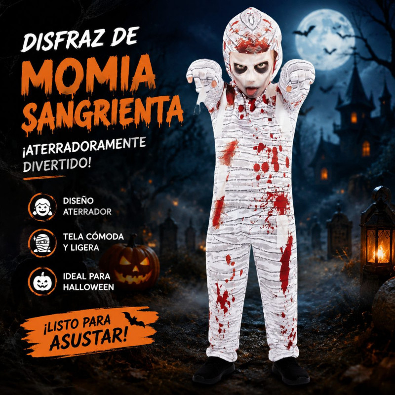 Disfraz de Momia Sangrienta para Niños con Mono de Vendajes Blancos, Salpicaduras de Sangre y Tocado para Halloween