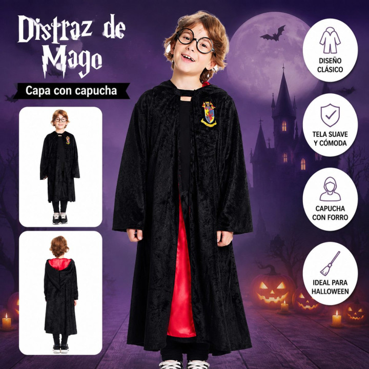 Kids Magic Academy Wizard Robe Black Velvet Hooded Cape with House Cre