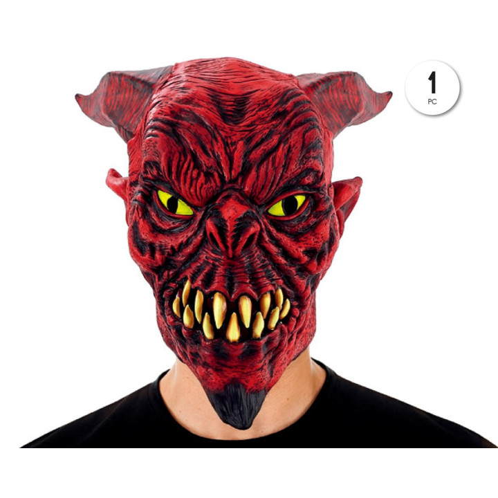 Masque Latex Demon Gargouille Rouge Tete Entiere avec Cornes Crocs et 