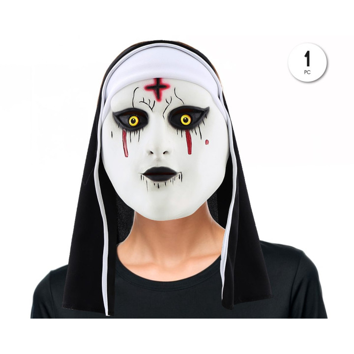 Masque Latex Nonne Terrifiante Tete Entiere avec Detail Croix et Larme