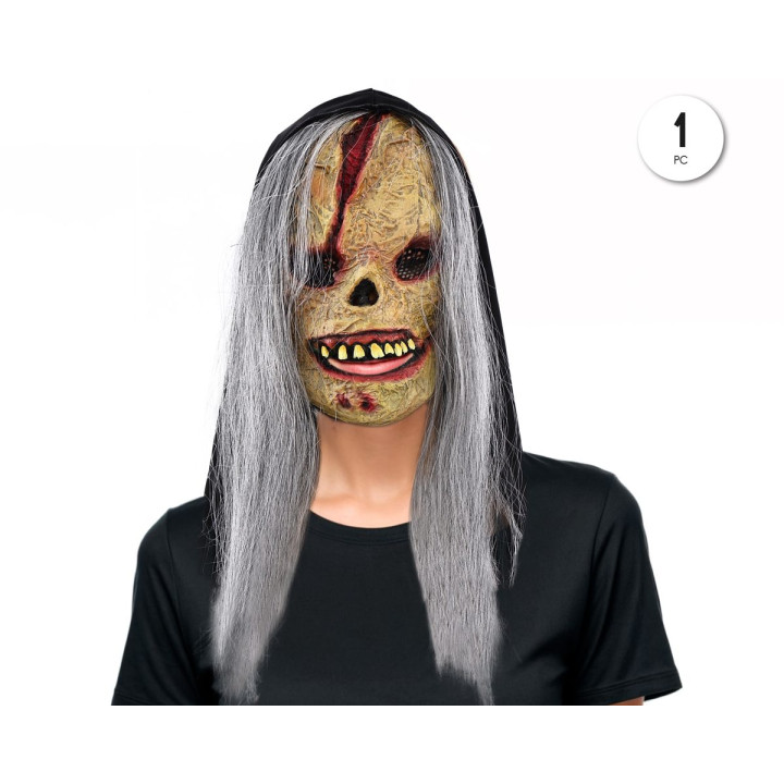 Death Warrior Skull Latex Mask with Horned Helmet and Metallic Finish 