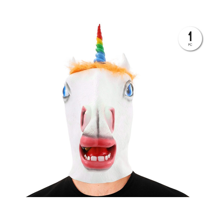 Masque Latex Licorne Amusante Tete Entiere avec Corne Arc-en-Ciel et C