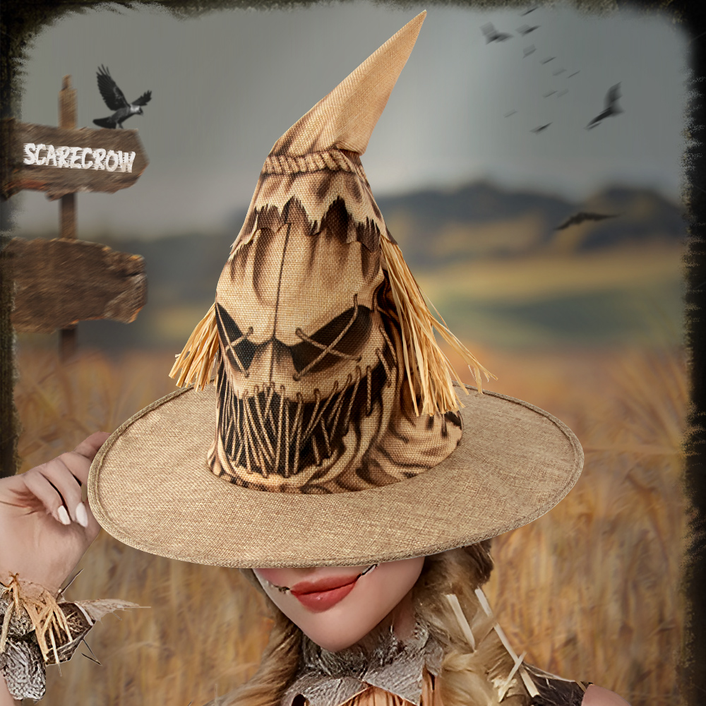Spooky Witch Hats - Halloween Scarecrow Pointed Cap Party Cosplay Accessories For Adults Wizard Hat With Brim For Costume Dress Up