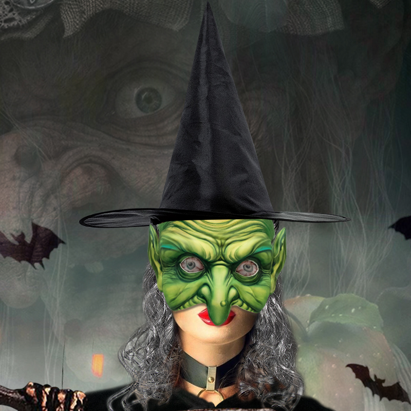 Halloween witch wig, witch hat, EVA mask set, Cosplay Dress Up Props For Halloween Theme Party, Sorcerer Hat，Silver wig witch hat