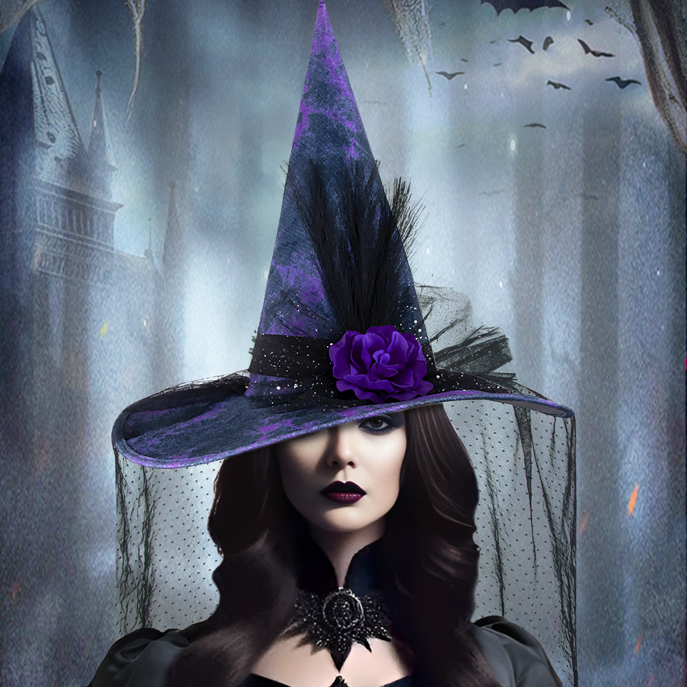 Women Halloween Witch Hat, Vintage Feather Flower Hat With Veil For Cosplay Festival Party