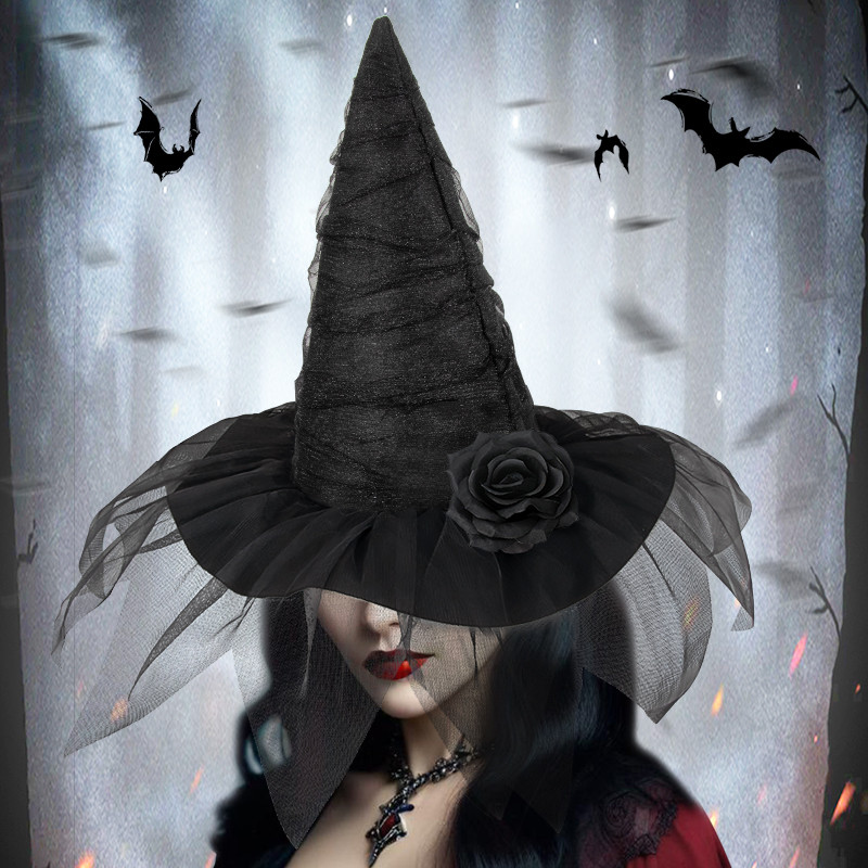 Mesh Bride Rose Witch Hat, Halloween Costume, Stage Performance Prop