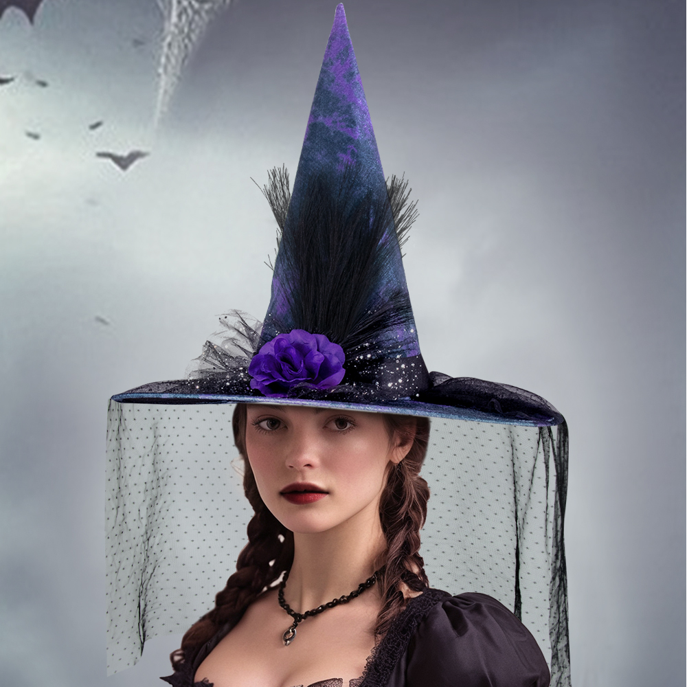 Women Halloween Witch Hat, Vintage Feather Flower Hat With Veil For Cosplay Festival Party