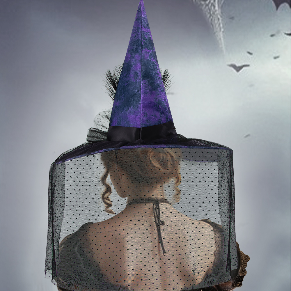 Women Halloween Witch Hat, Vintage Feather Flower Hat With Veil For Cosplay Festival Party